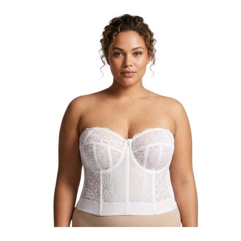 GODDESS White Floral Lace Bustier Corset 46D Strapless Boned Lingerie Bridal VTG